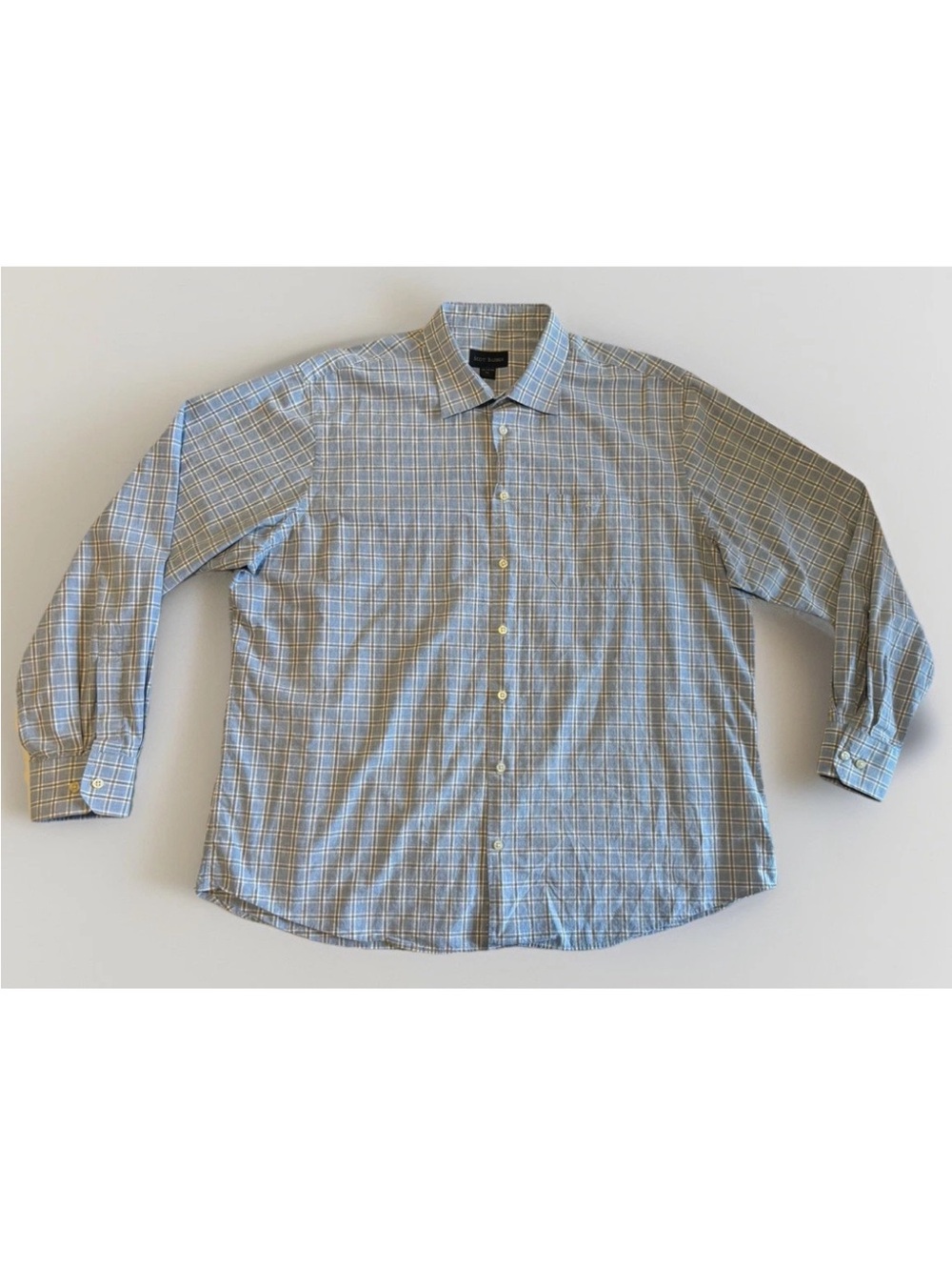 Scott Barber Men's XL Shirt Blue Tan Plaid 100% Cotton‎ Button Down Long Sleeve